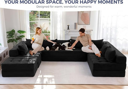 MAXYOYO Modular Sectional Sofa Couch, Foldable Oversized U Shaped Cloud Couch with Pillows, Tufted Boneless Lounger Floor Sofa Bed for Living Room, No Assembly Required, Black