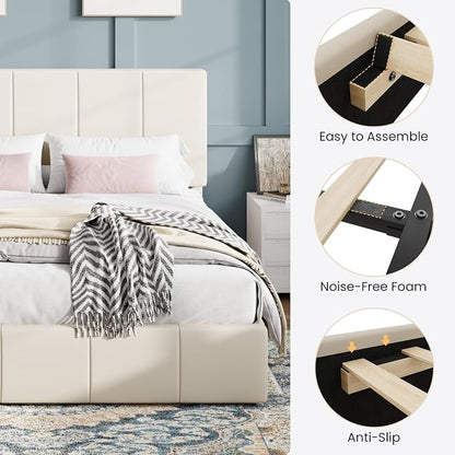 SHA CERLIN King Size Bed Frame, Dutch Velvet Upholstered Platform Bed, Vertical Channel Tufted Adjustable Headboard, Low Profile Bed Frame, No Box Spring Needed, Easy Assembly, Cream