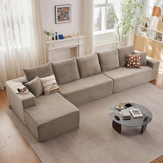 166.9" Cloud Sectional Couch with L-Shape Chaise, Modern Modular Comfy Sofa Chaise Longue, Upholstered Corduroy Couches Sleeper with Deep Seat for Living Room Bedroom, No Assembly Required, Camel