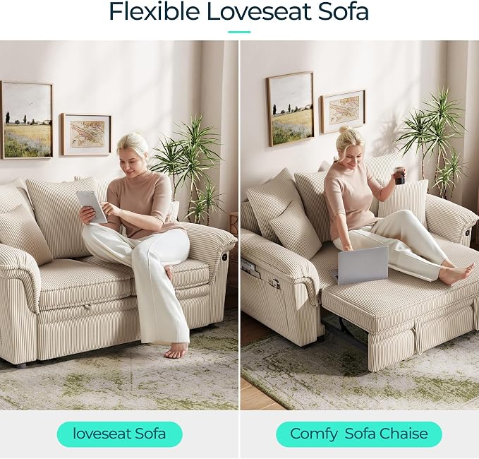 LINSY HOME Sectional Loveseat Sofa with Pull Out Chaise (Beige, 62.5'') | USB Charging