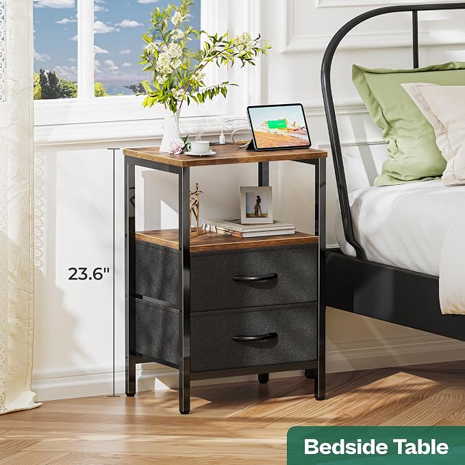 Huuger Nightstands Set of 2, End Tables with Charging Station, Side Tables with Fabric Drawers, Bedside Tables with USB Ports and Outlets, Night Stands for Bedroom, Rustic Brown and Black