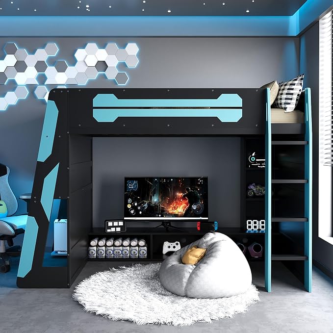 Merax Twin Size Loft Bed with Desk, Multi-Storage Shelves and RGB Light | Space-Saving Wooden Gaming Bed Frame with Charging Station and Guardrail