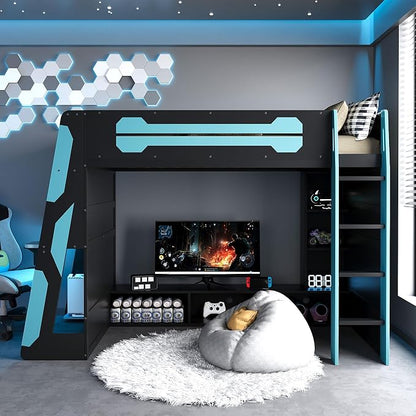Merax Twin Size Loft Bed with Desk, Multi-Storage Shelves and RGB Light | Space-Saving Wooden Gaming Bed Frame with Charging Station and Guardrail