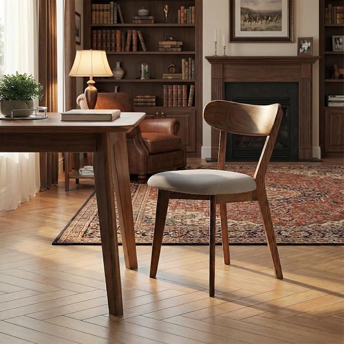 100% Solid Wood Dining Chairs,Mid Century Modern Dining Chairs with Rounded Backrest,Kitchen,Dining Room Chairs Set of 1/2/4 (1, Walnut Color Grey Upholstery)
