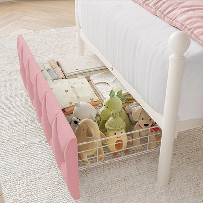 Keyluv Twin Size Upholstered LED Canopy Bed Frame with Charging Station and Drawer, Button Tufted Crown Headboard with Storage Shelf, Two-Purpose Removable Four Poster Design Platform Bed, Pink