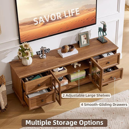 SAVOR LIFE Farmhouse TV Stands for Living Room, Rustic Entertainment Center with 4 Drawers & Thickened Top & Square Wooden Legs for 65 inch TV, Brown