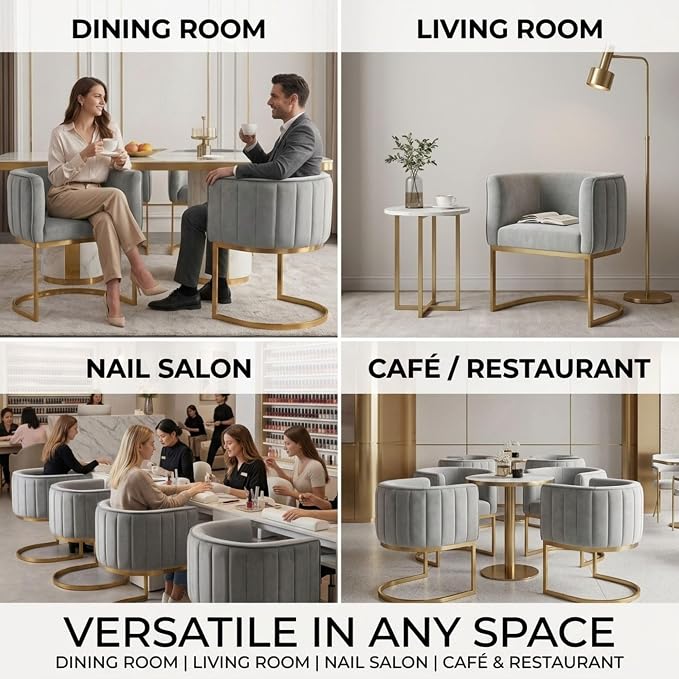 Hyfirm Gray and Gold Modern Barrel Dining Room Chairs Set of 6, Velvet Upholstered Accent Chairs with Curved Back for Kitchen Island, Luxury Comfort Seating Cantilever Metal Frame