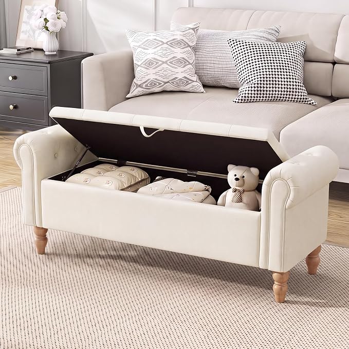 Furniliving 55” End of Bed Bench, Bedroom Bench with Button-Tufted, Large Upholstered Storage Ottoman Entryway Bench with Storage Shoe Cabinet Bench, for Bedroom, Linen, Beige