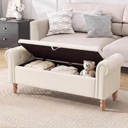 Furniliving 55” End of Bed Bench, Bedroom Bench with Button-Tufted, Large Upholstered Storage Ottoman Entryway Bench with Storage Shoe Cabinet Bench, for Bedroom, Linen, Beige