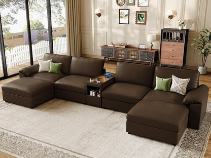 EASE MOOSE Leather Sectional Couch with Console,Oversized Modular Sectional Sofas,Wide Deep Seat Modular Couch, Scratch Resistant Faux Leather Material,U Shaped Sofa for Big Spaces,Deep Brown