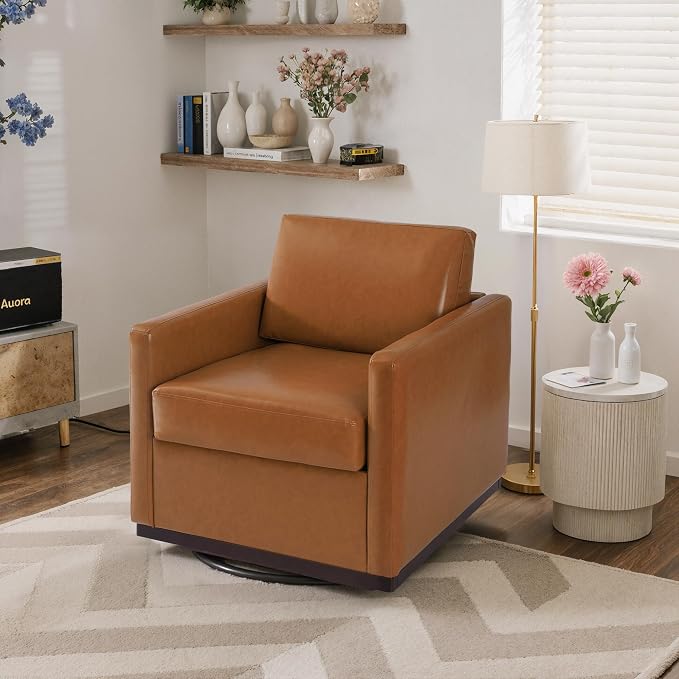 360° Swivel Accent Chair, 31" Wide Faux Leather Upholstered Club Armchairs for Living Room, Comfy Square Swivel Barrel Chair with Metal Base, Light Brown