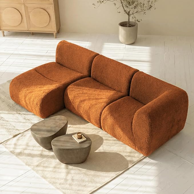 106" Curved Sectional Sofa with Chaise, Boneless 3 Seater Modular Couch, Reversible L-Shaped Couches with High-Density Foam, Modern Lounge Comfort Sherpa Sofas for Living Room – No Assembly, Brown