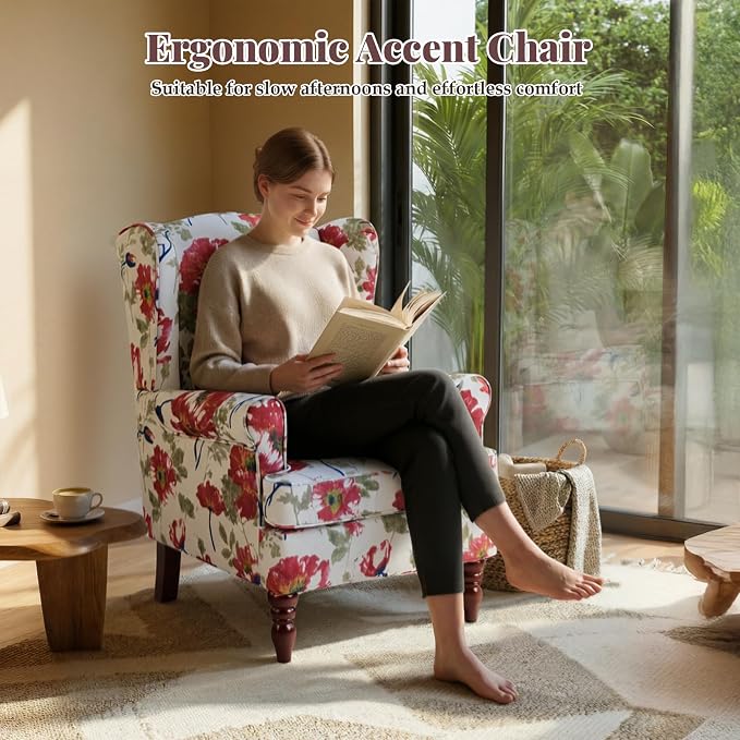 EROMMY Floral Accent Chair, Comfortable High Back Upholstered Armchair with Solid Wood Legs, Leisure Single Sofa Chair for Living Room, Bedroom, Home Office, Pink Floral