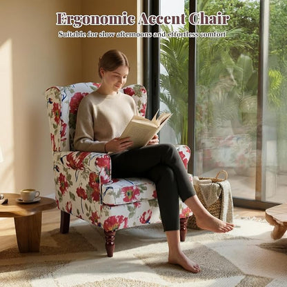 EROMMY Floral Accent Chair, Comfortable High Back Upholstered Armchair with Solid Wood Legs, Leisure Single Sofa Chair for Living Room, Bedroom, Home Office, Pink Floral