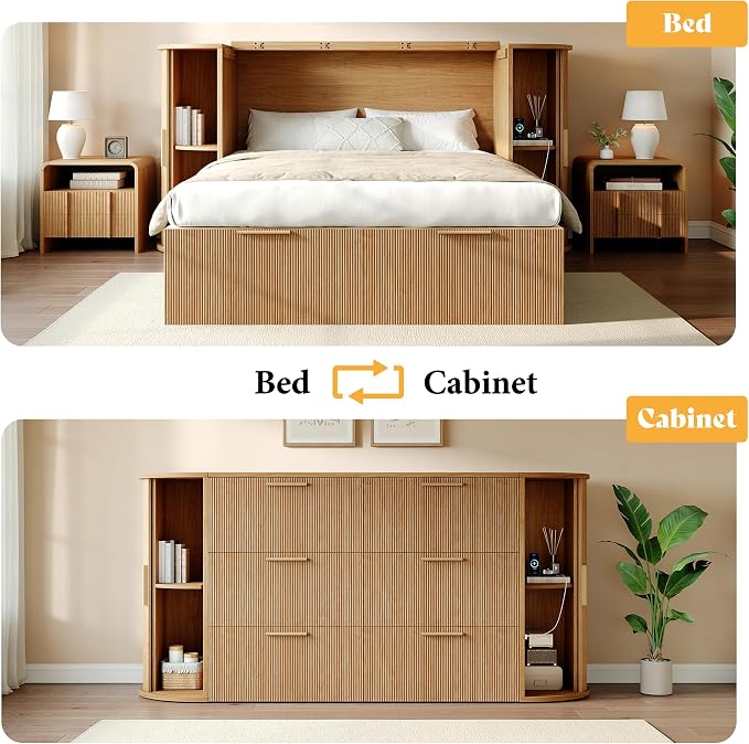 AMERLIFE Queen Murphy Bed with Storage Bedside Shelves & Sliding Tambour Door, Modern Cabinet Bed with Charging Station & Curved Fluted Design for Bedroom/Guest/Home Office, Natural Oak