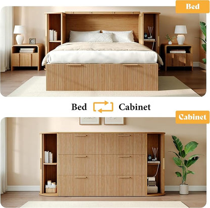 AMERLIFE Queen Murphy Bed with Storage Bedside Shelves & Sliding Tambour Door, Modern Cabinet Bed with Charging Station & Curved Fluted Design for Bedroom/Guest/Home Office, Natural Oak