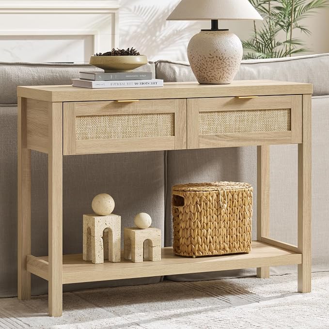SICOTAS Rattan Console Table for Entryway - Boho Entryway Table with Storage and Drawers, Small Entry Tables for Hallway Behind Couch Table Sofa Table