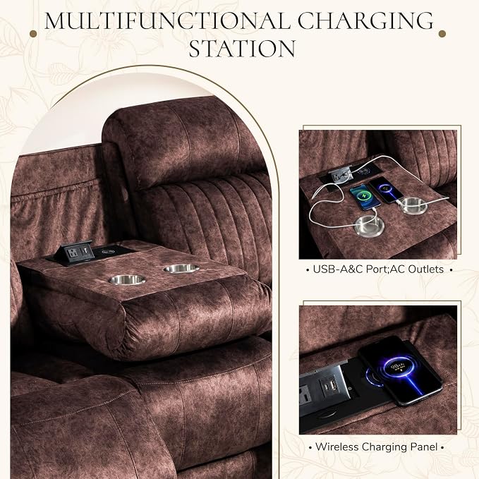 Power Reclining Sofa Set with Adjustable Headrest, Electric Reclining Sofa and Loveseat with USB/Type-C Ports, Reclining Living Room Set for Home Theater(Brown, Loveseat+Sofa)