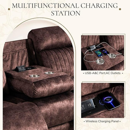 Power Reclining Sofa Set with Adjustable Headrest, Electric Reclining Sofa and Loveseat with USB/Type-C Ports, Reclining Living Room Set for Home Theater(Brown, Loveseat+Sofa)