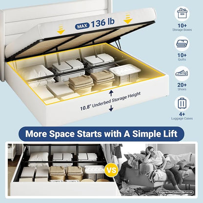 Allewie King Size Velvet Lift Up Storage Bed, Modern Wingback Headboard, Hydraulic Support, No Box Spring Needed, White