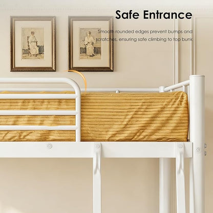 Bunk Bed Twin Over Twin, More Sturdy Heavy Duty Metal Bunk Bed with Angled Ladder for Teens and Adults, Used for Spaces-Saving, Apartment or Dorm, Noise Free & Easy Assembly, White
