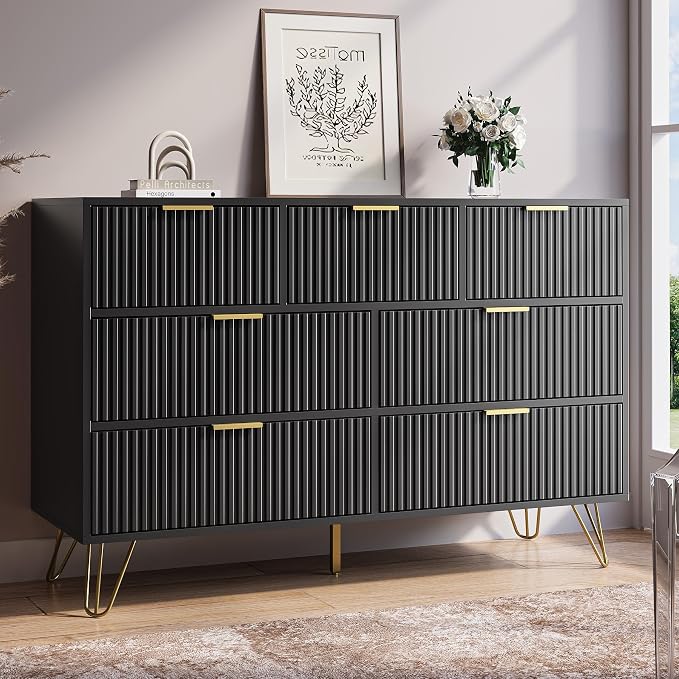 MAISONARIA Black Dresser for Bedroom, 7 Drawer Dresser with Gold Pulls, Wide Chest of Drawers for Bedroom, Entryway, 47.2" L x 15.7" D x 31.4" H