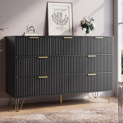 MAISONARIA Black Dresser for Bedroom, 7 Drawer Dresser with Gold Pulls, Wide Chest of Drawers for Bedroom, Entryway, 47.2" L x 15.7" D x 31.4" H