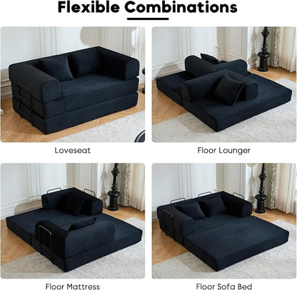 ZEIINPA 59“ Convertible Floor Sofa Bed, 5-in-1 Futon Sofa Bed Pull Out Sleeper Couch, Modern Corduroy Compressed Loveseat, Modular Boneless Couches for Living Room, No Assembly Required, Black