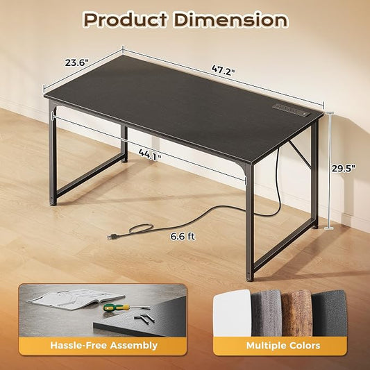 PRAISUN 47 X 24 Inch Deeper Desk with Power Outlets | Computer Desk for Bedroom, Office Desk for Work from Home, Writing Study Gaming Table, Stable Metal Frame, Black