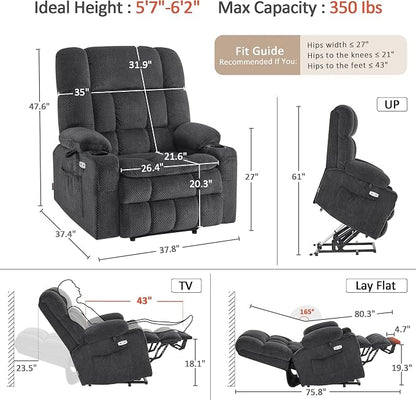 MCombo Oversized Power Lift Recliner Chair for Elderly, Dual Motor Lift Chair with Heat and Massage, Lay Flat Lift Chair for Big and Tall, Cup Holders, Fabric R7891 (Large-Wide, Dark Gray)