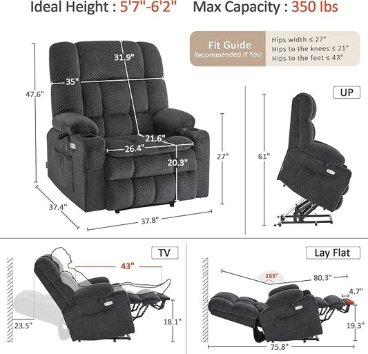MCombo Oversized Power Lift Recliner Chair for Elderly, Dual Motor Lift Chair with Heat and Massage, Lay Flat Lift Chair for Big and Tall, Cup Holders, Fabric R7891 (Large-Wide, Dark Gray)