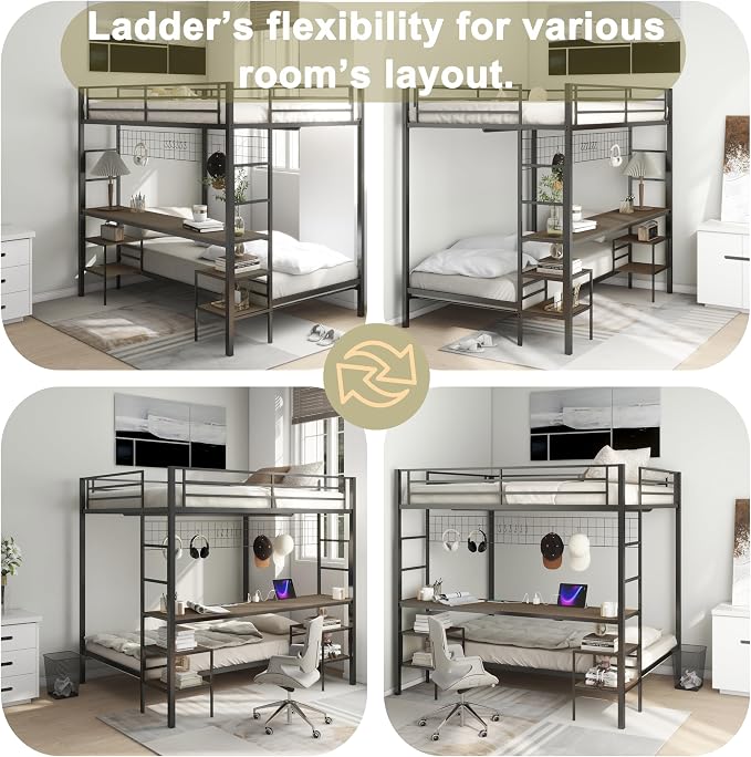 Bellemave Full Over Twin bunk Bed with Desk, loft Bed with Desk and Shelves, Full Over Twin Metal Bunk Beds with Charging Station, Black & Cinnamon Oak