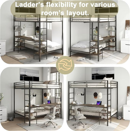 Bellemave Full Over Twin bunk Bed with Desk, loft Bed with Desk and Shelves, Full Over Twin Metal Bunk Beds with Charging Station, Black & Cinnamon Oak