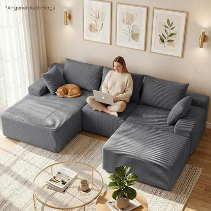kinmars 108" Boneless Sectional Couch,Corduroy Cloud Couch Sectional for Living Room,Modern U Shaped Modular Sectional Couch,3 Seater Sofa (Dark Gray, 108.9" U Shaped with Ottoman)