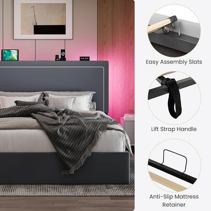 SHA CERLIN Full Size Hydraulic Lift-Up Storage Platform Bed Frame with Charging Station, RGB LED Lights, Adjustable Velvet Headboard, USB-A and USB-C Ports, No Box Spring Needed, Grey
