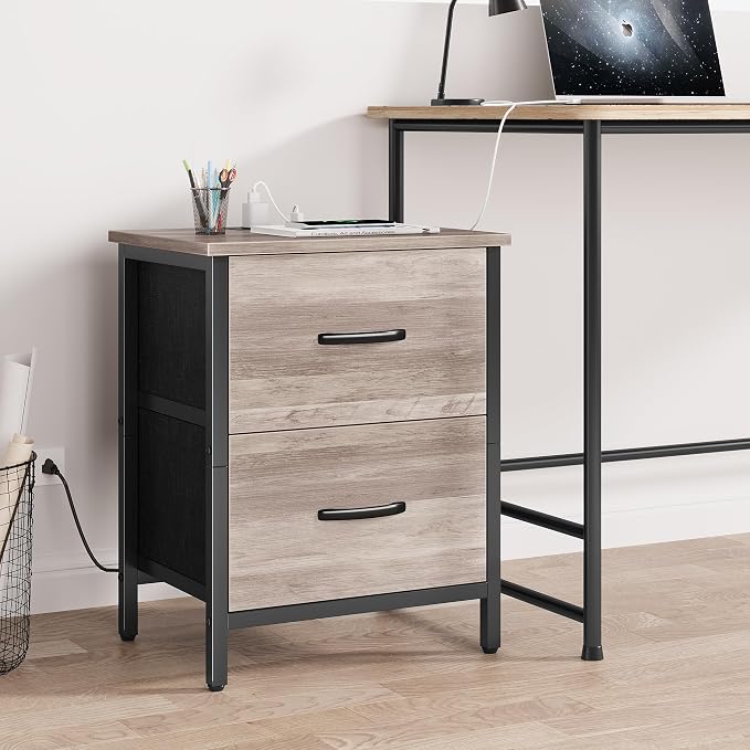 Vagusicc Nightstand Set of 2 with Charging Station, End Table Bedside Table with Power Outlet & USB Ports, Side Table with 2 Fabric Drawers for Bedroom, Living Room, Greige