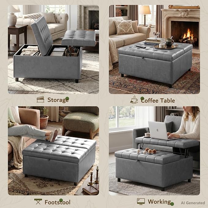 Grey Leather 36 Inch Extra Large Lift Top Living Room Storage Ottoman | LINLUX Tufted Upholstered Shoe Storage Entry Bench, Bed Benches For Foot Rest, Lift Footrest For Dorm Bedroom Office