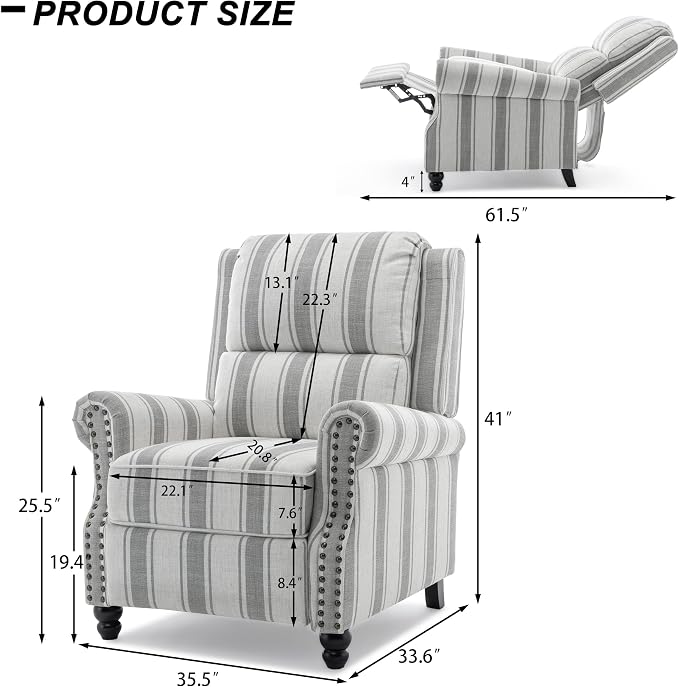 Recliner Chair, Modern Pushback Armchair with Adjustable Backrest & Footrest for Bedroom, Living Room (Grey Stripe,Set of 1)