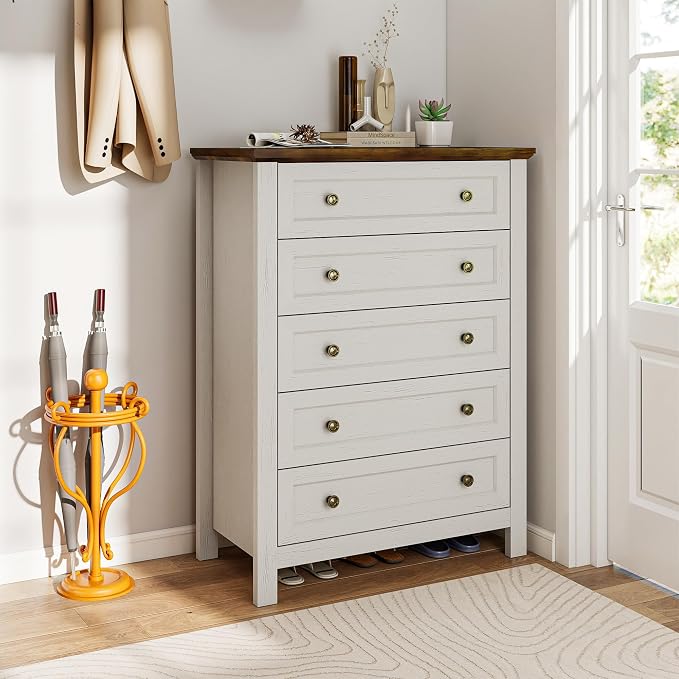 Farmhouse Dresser Nightstand Sets, 2-Piece Bedroom Furniture Set for Home | 5 Drawer Dresser Closet set of 2, Chest of Drawers for Bedroom, Living Room, Entryway, Antique White