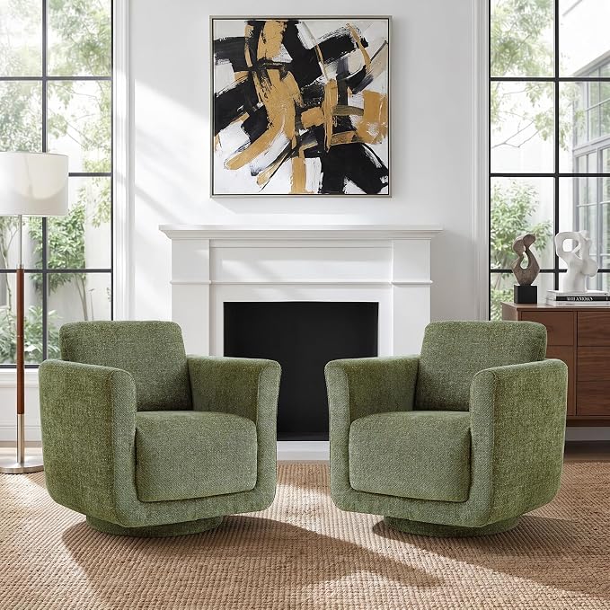 Swivel Accent Chairs Set of 2, Fully Assembled Barrel Chairs, Accent Chairs with Solid Wood Frame & Ergonomic Cushion, 360° Chenille Armchairs for Living Room & Bedroom, Forest Green