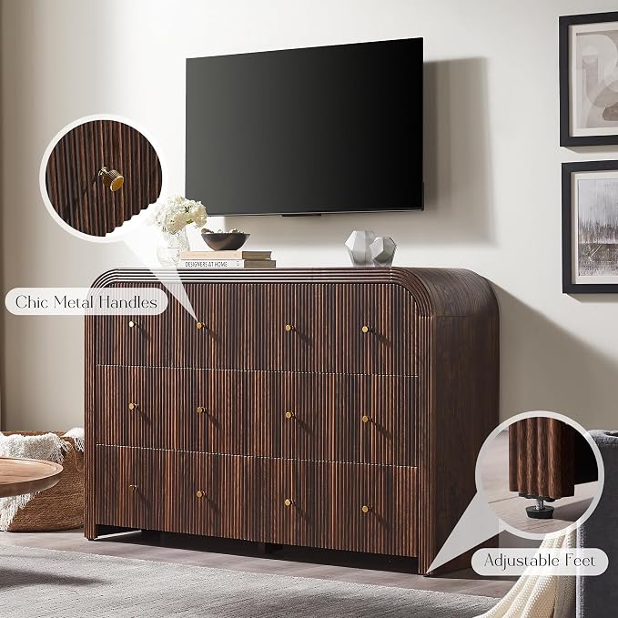 T4TREAM Fluted Dresser for Bedroom with 6 Drawers, 54" Wide Modern Chest of Drawers with Thickened Curved Profile Design, Wood Dressers TV Stand for Bedroom, Living Room, Hallway, Dark Walnut