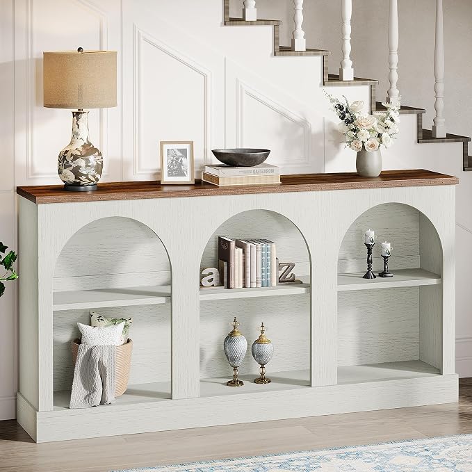 Tribesigns Farmhouse Console Table, 63-Inch Long Entryway Table with 3 Tier Storage, Wooden Rectangular Sofa Table Behind The Couch for Entrance, Hallway, Living Room, Off-White and Brown