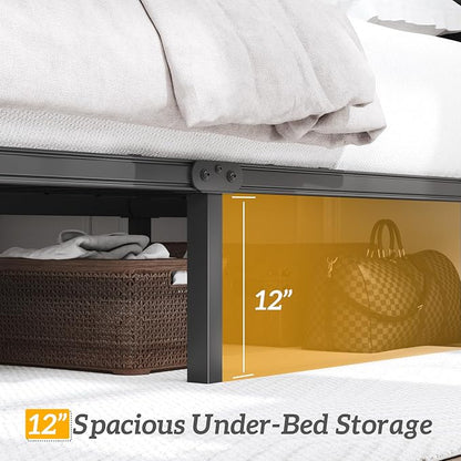 HISOFT Full Bed Frame with Upholstered Button Tufted Headboard, Bed Frame Platform Metal Slats Support, Under Bed Storage, No Box Spring Needed, Noise-Free, Easy Assembly, Black