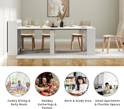 Transformer Dining Table, Extendable Console to Dining Table for 9, Folding Space Saving Dining Room Table Multipurpose Use, White