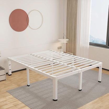 ROIL 18 Inch White Queen Bed Frame with Rounded Corner and Headboard Hole Mattress Retainers 3500LBS Heavy Duty Steel Slats No Box Spring Needed Platform Noise-Free Easy Assembly