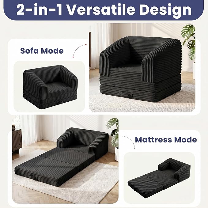 JUIKURY Convertible Sofa Bed, 3-in-1 Foldable Loveseat Couch with Armrest, Corduroy Floor Sofa & Sleeper Bed, No Assembly High-Density Foam Futon Mattress for Living Room, Small Apartment, Dorm
