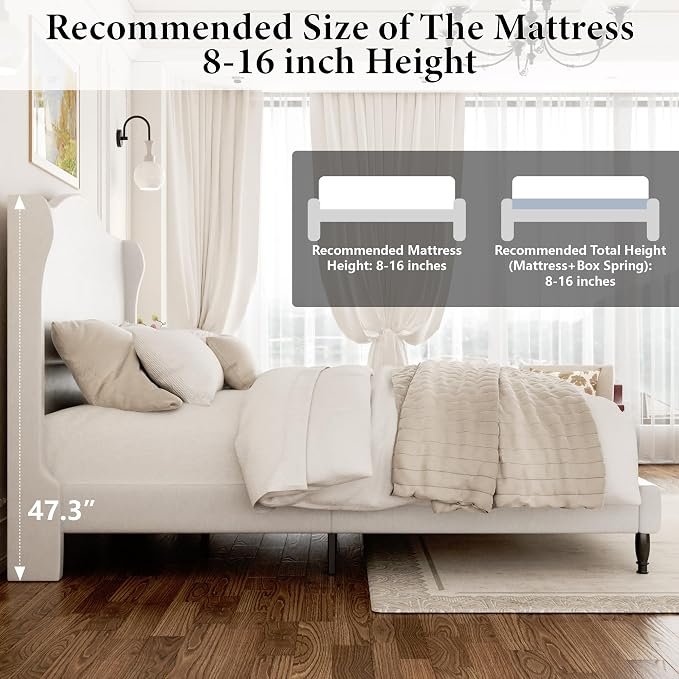 Upholstered Bed Frame with Tall Headboard, Leather Full Platform Bed Frame with Wingback Sides, Wood Slats Support, Noise-Free Design, No Box Spring Needed, Easy Assembly, White