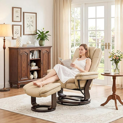 Swivel Recliner Chair with Ottoman Reclining Lounge Sofa Footrest, Set of 2 | 360°Sturdy Wood Base, Soft PU Leather, Upholstered Ultra-Plush Foam, Modern Armchair, Living Room Bedroom Office Reading Home