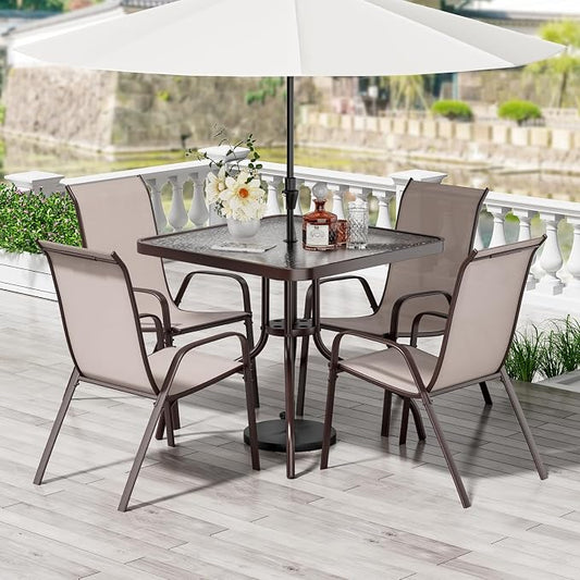 TLSUNNY Patio Dining Set 5 Pieces, All Weather Outdoor Furniture W/30"X 30" Table and 4 Stackable Textilene Chairs, Metal Table and Chairs for Patio, Lawn, Garden, Poolside, Backyard (Beige)
