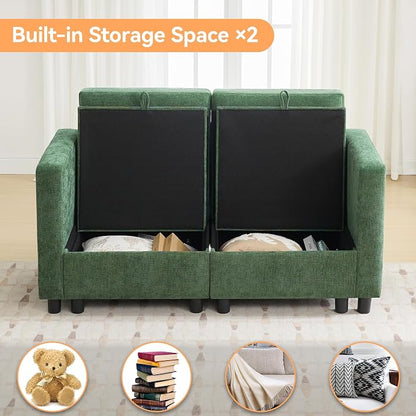 WUTUTUEE 58”Modular Sectional Loveseat Sofa, Modern Love Seat 2 Seater Sofa Couch with Storage, Chenille Modular Sectional Couch for Living Room, Bedroom, Office, Small Apartment, Dark Green